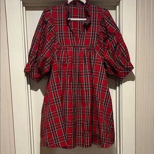 Red Plaid Tartan Babydoll Dress with Puff Sleeves